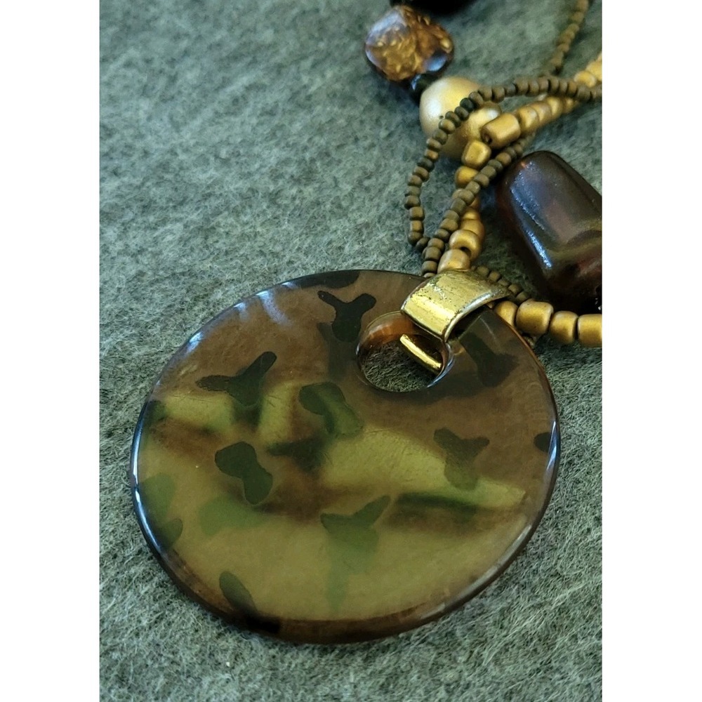 Brown Black Multi Strand Statement Necklace Large Disc Pendant 18in 45g Boho